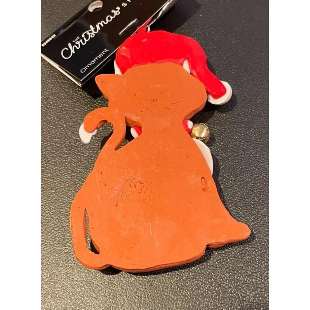 Santa Brown Cat Kitten Kitty Christmas Holiday Ornament Hat Bell Polymer Clay - Picture 2 of 3